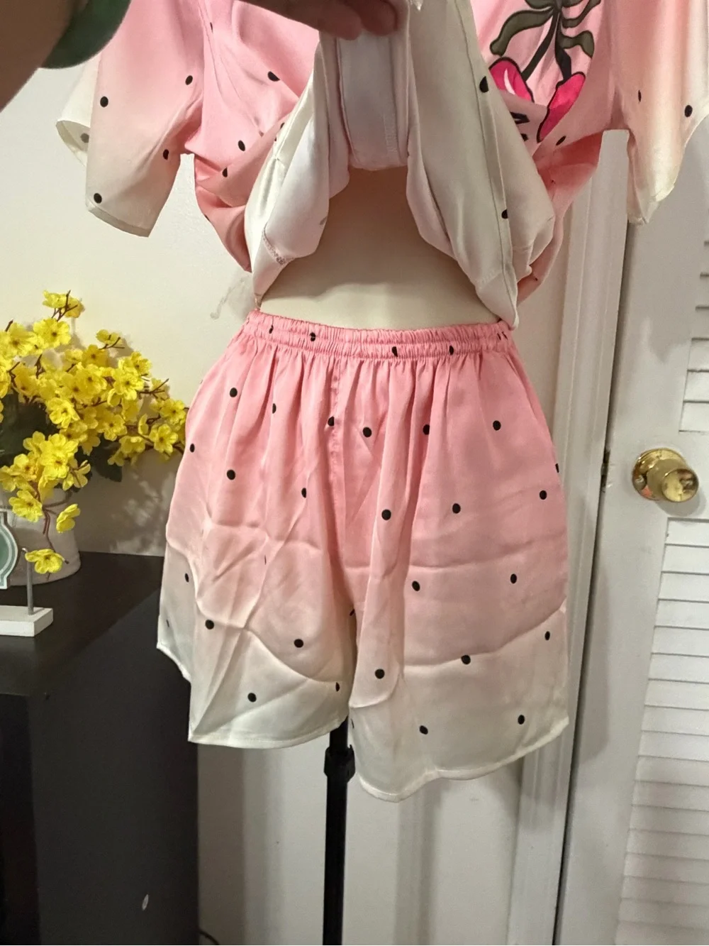 Pink Cherry Polka Dot Satin Short Pajama Set fit Small and Medium